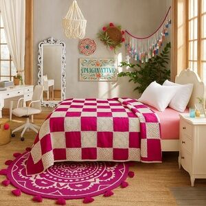 Vintage Handmade Crochet Quilt – Fuchsia & White – 68”x85”